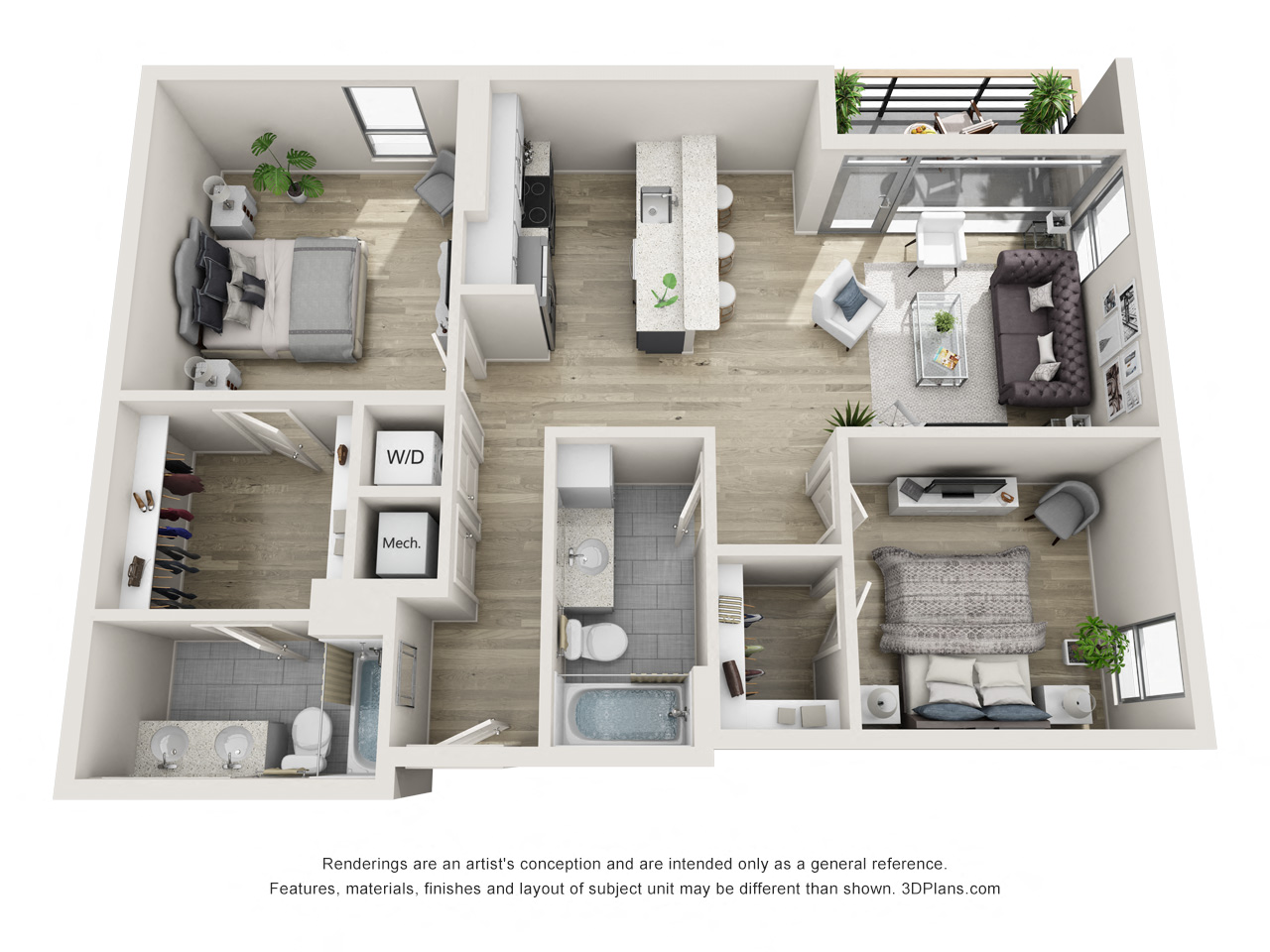 Floor plan for 2 beds, 2 baths, 1299 sqft